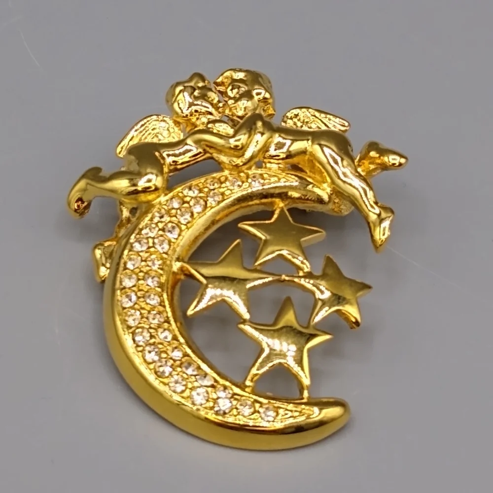 Cherub Crescent Moon Angel Brooch with Rhinestone Stars Valentine's Gift Vintage - Picture 15 of 15